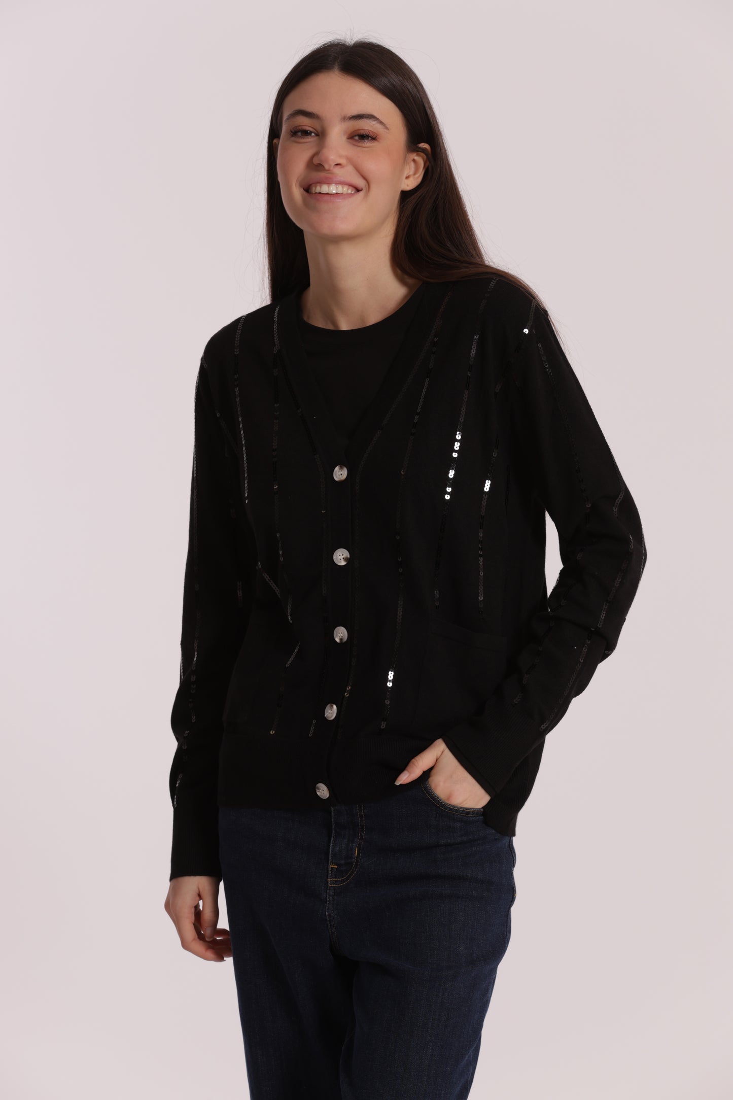 MAGLIA CARDIGAN CON BORDI PAILLETTES