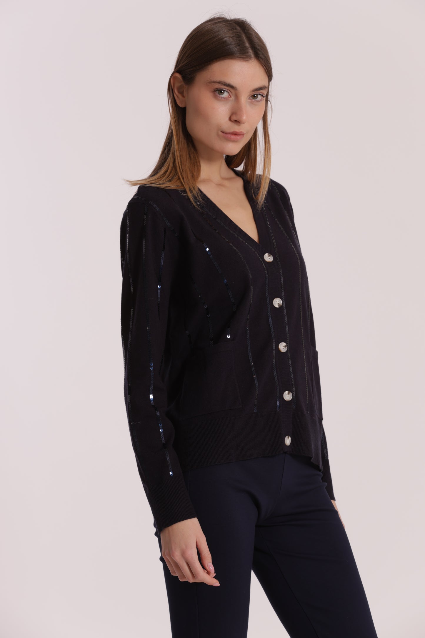MAGLIA CARDIGAN CON BORDI PAILLETTES