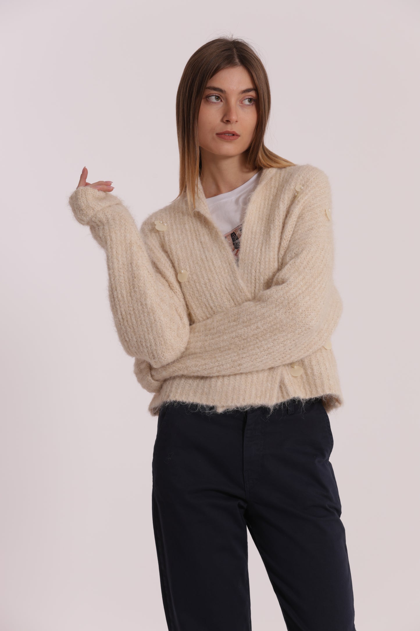 MAGLIA CARDIGAN CON CHIUSURA INCROCIATA E PAILLETTES