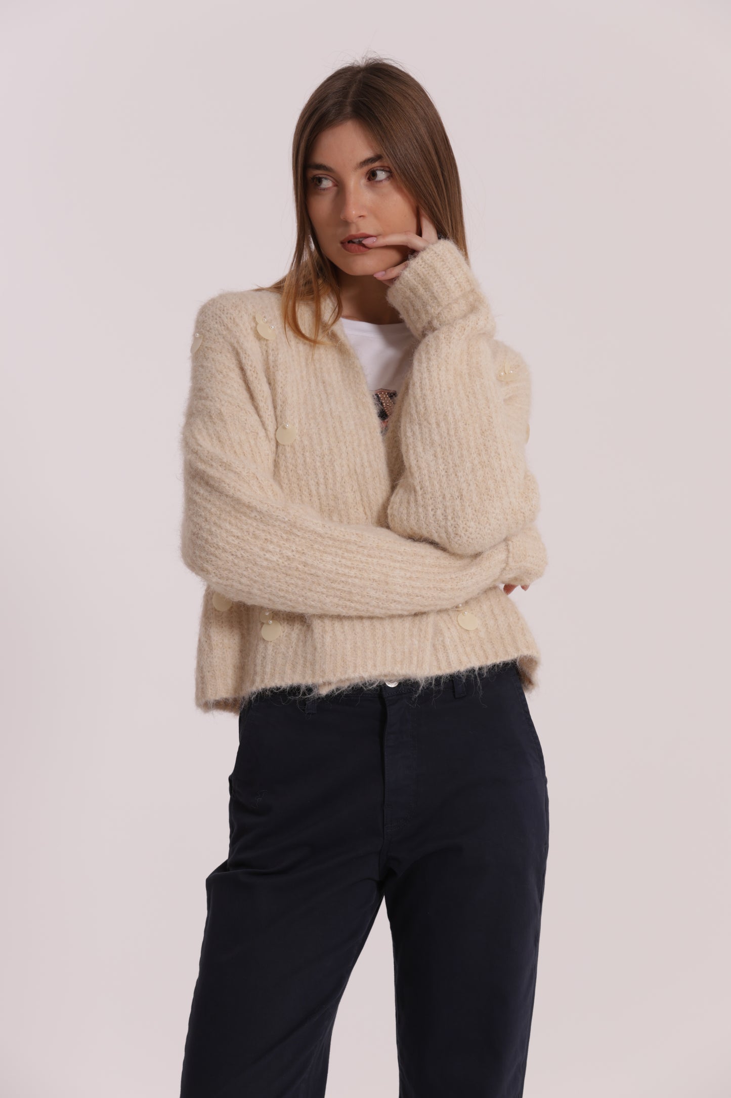 MAGLIA CARDIGAN CON CHIUSURA INCROCIATA E PAILLETTES
