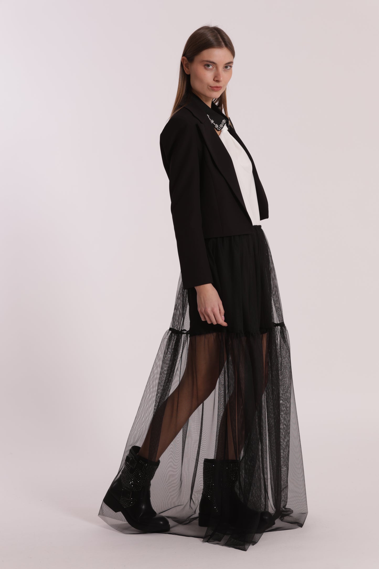 GIACCA CROPPED SENZA BOTTONI IN TESSUTO TECNICO