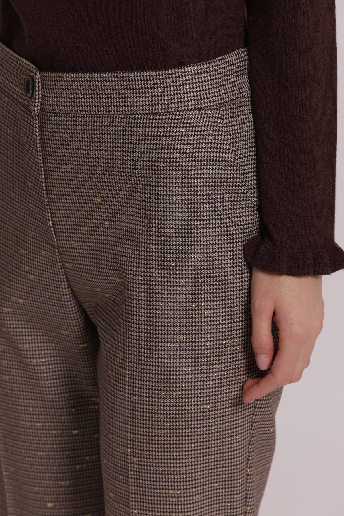 PANTALONE SIGARETTA CON ELASTICO IN PIED DE POULE LUREX