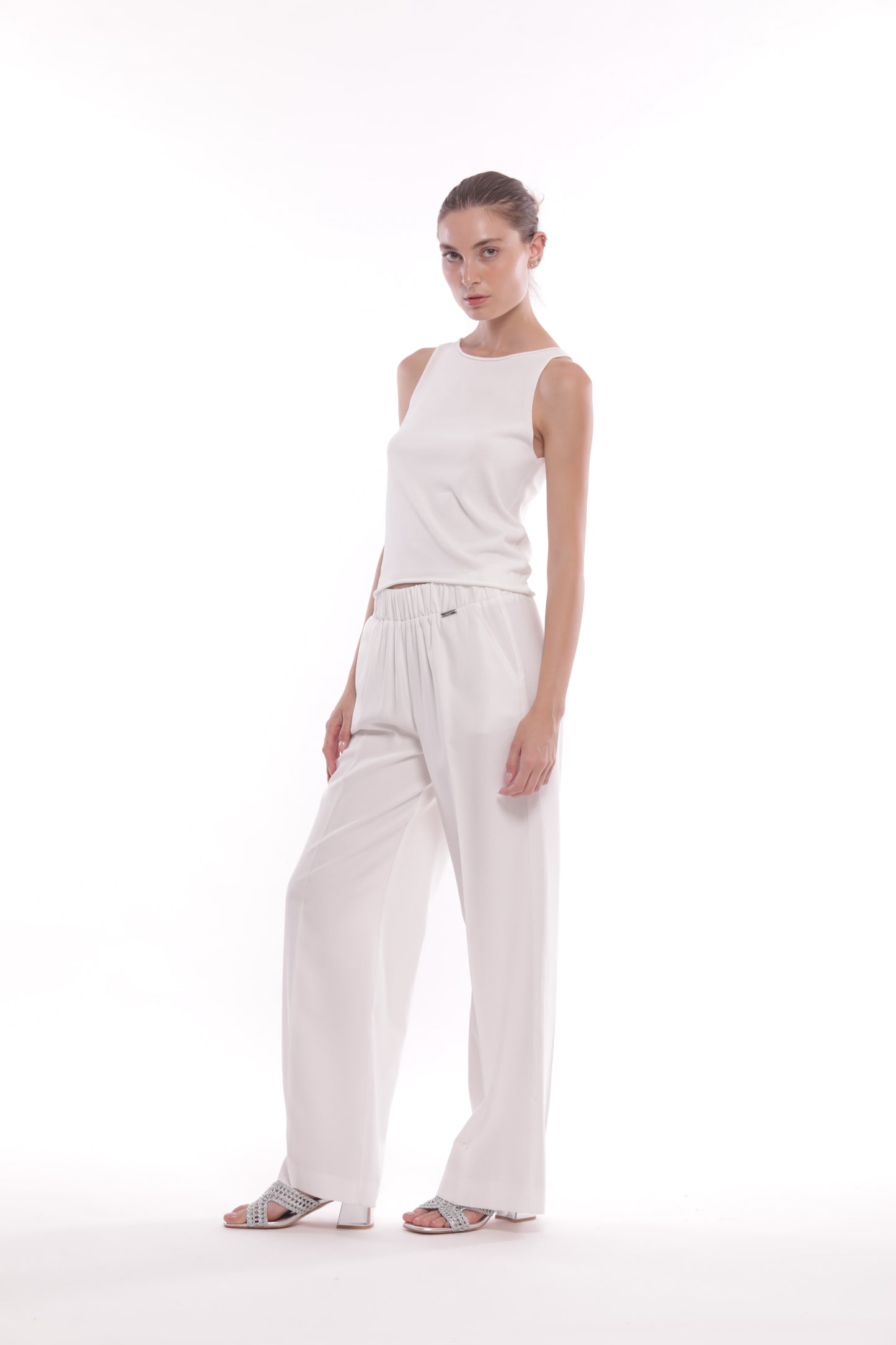PANTALONE PALAZZO IN AKUMAL CON DETTAGLIO A RIGHE