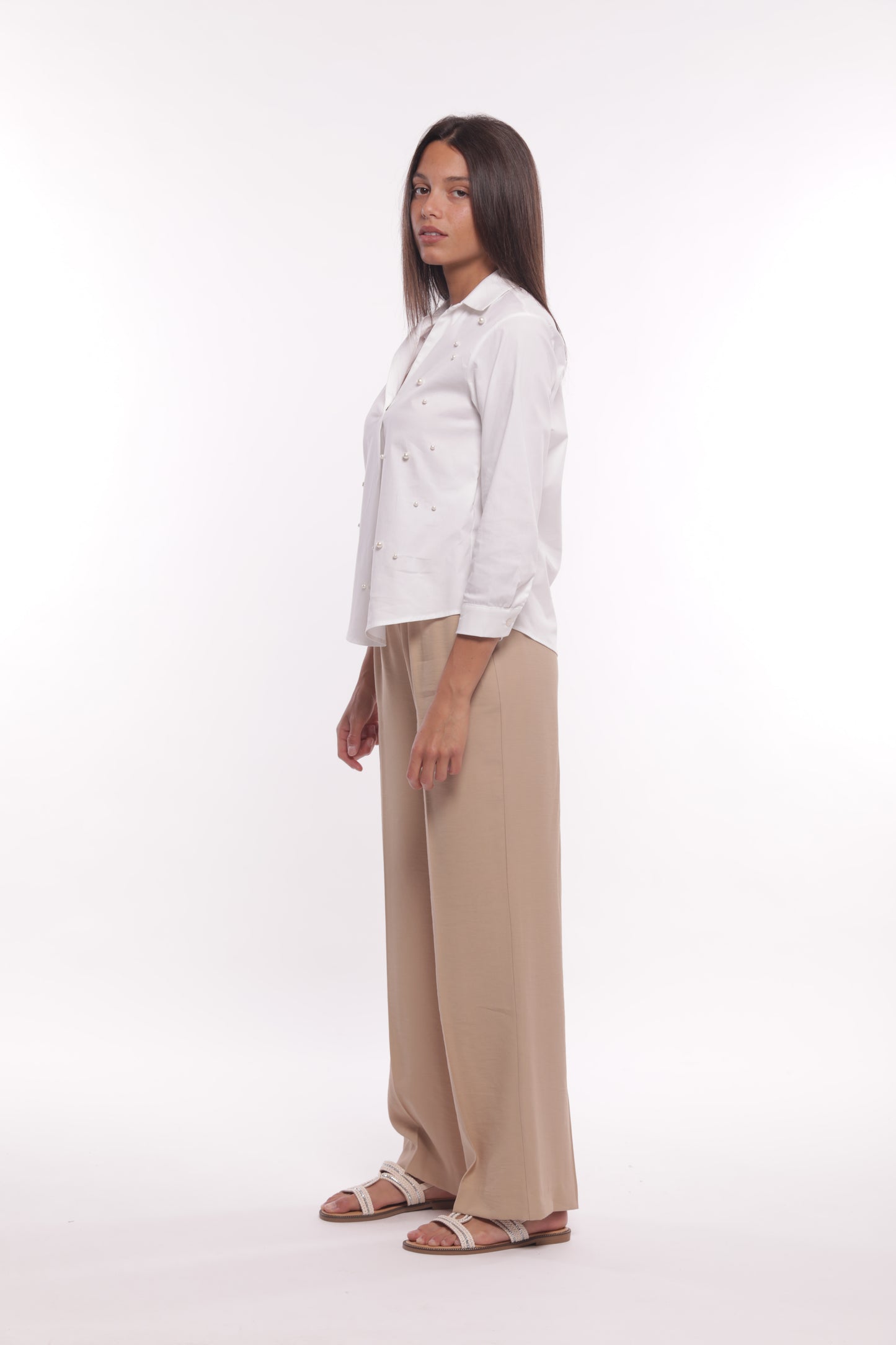 PANTALONE PALAZZO IN AKUMAL CON DETTAGLIO A RIGHE