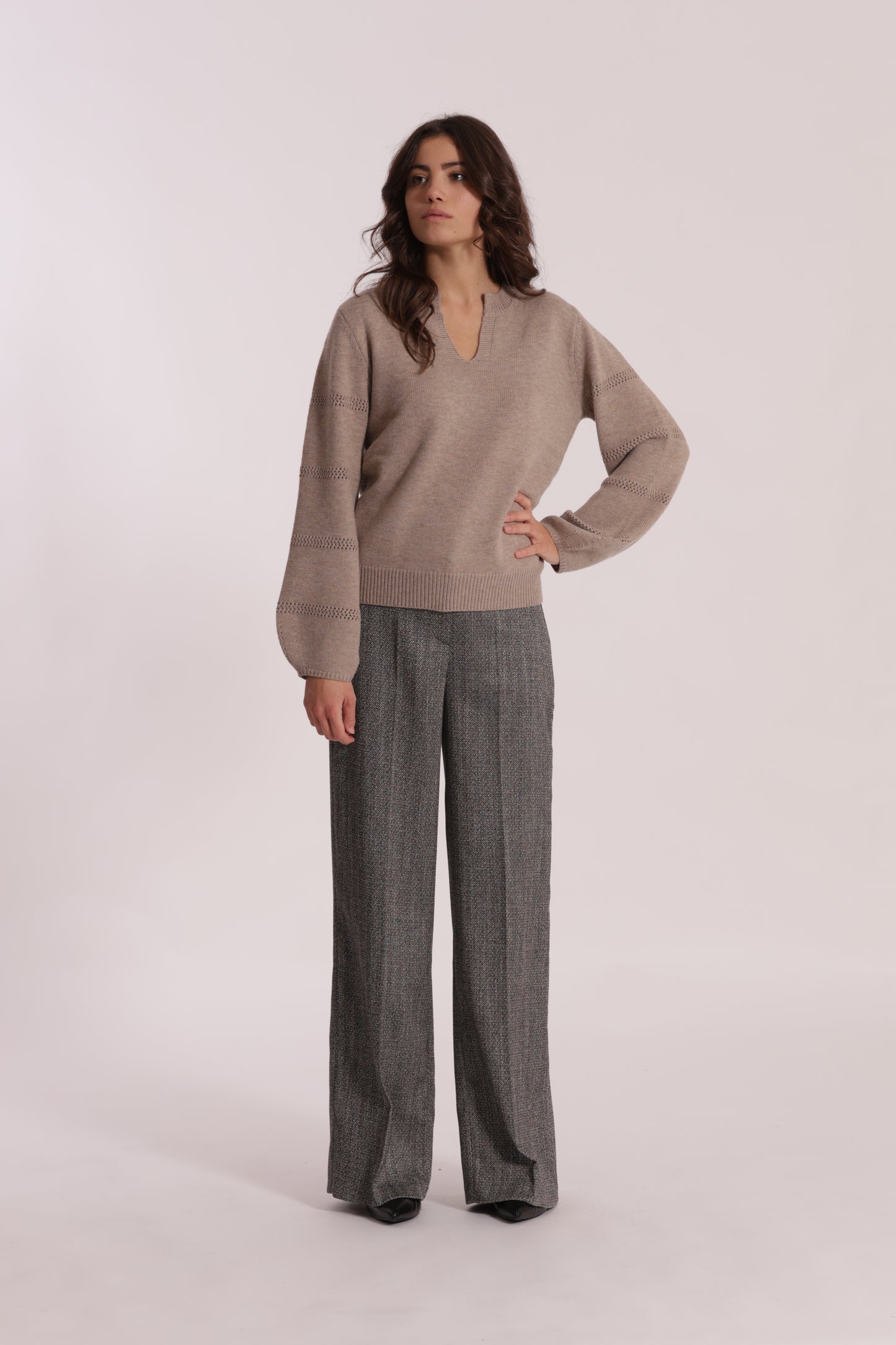 PANTALONE PALAZZO TESSUTO SPIGATO DETTAGLI IN SIMIL PELLE