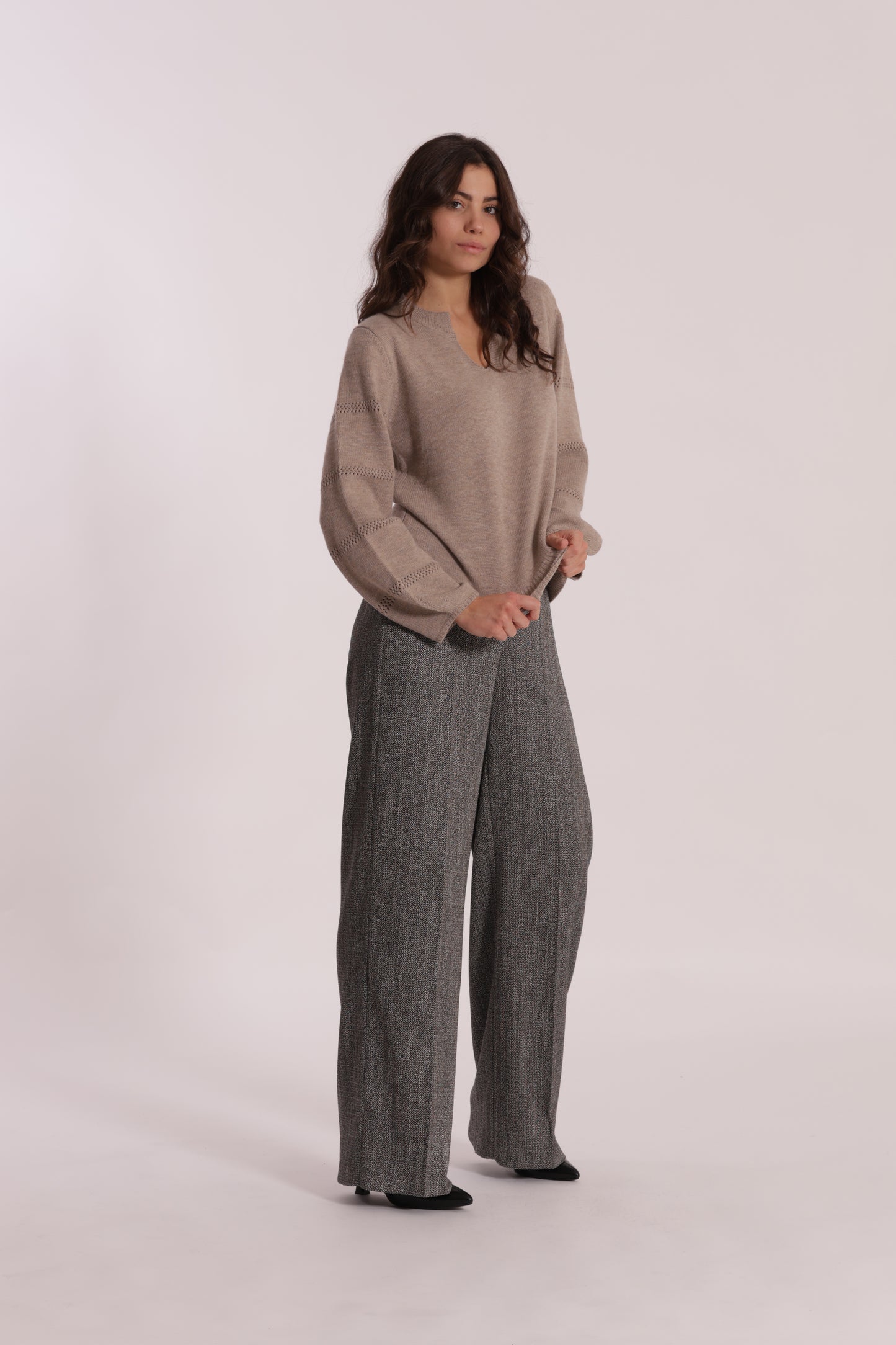 PANTALONE PALAZZO TESSUTO SPIGATO DETTAGLI IN SIMIL PELLE