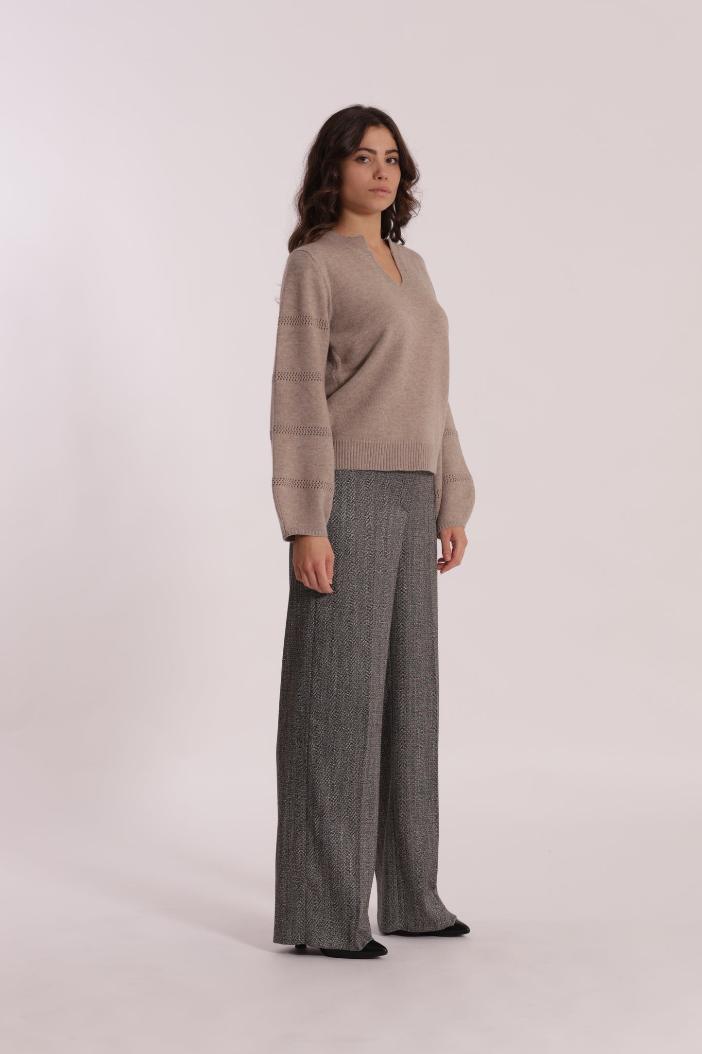 PANTALONE PALAZZO TESSUTO SPIGATO DETTAGLI IN SIMIL PELLE