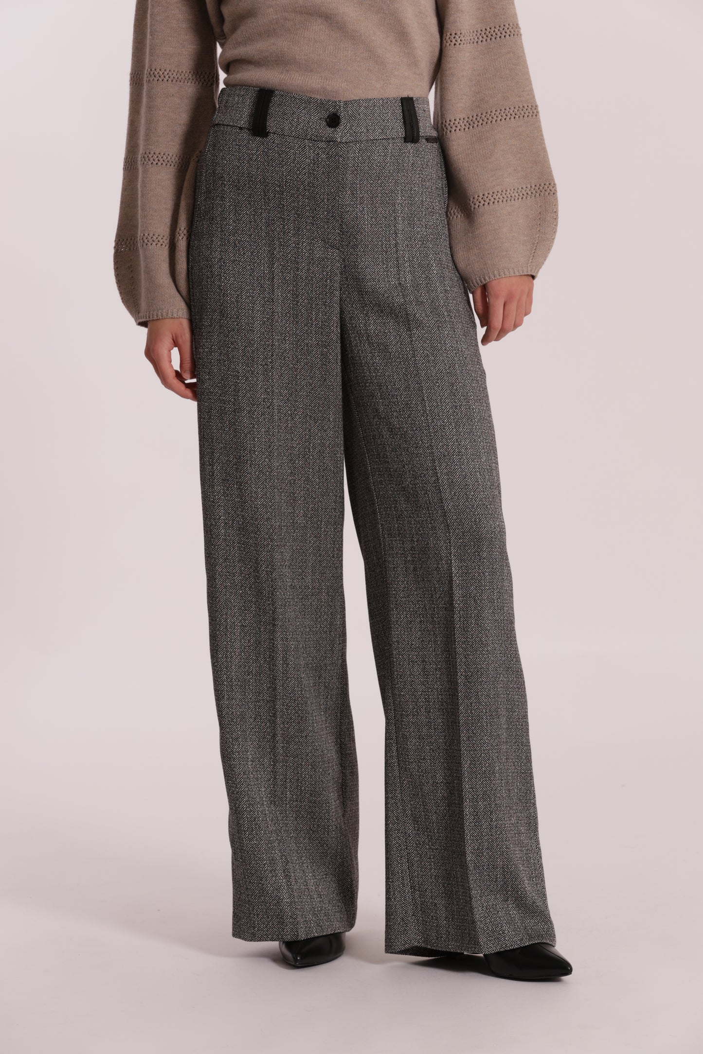PANTALONE PALAZZO TESSUTO SPIGATO DETTAGLI IN SIMIL PELLE