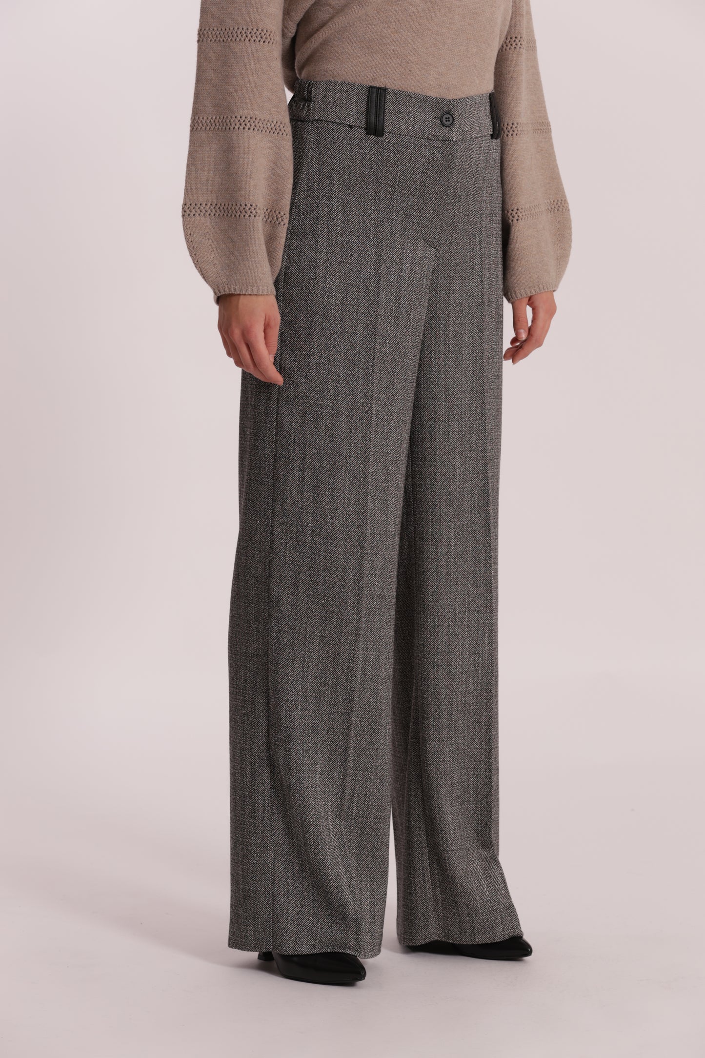 PANTALONE PALAZZO TESSUTO SPIGATO DETTAGLI IN SIMIL PELLE