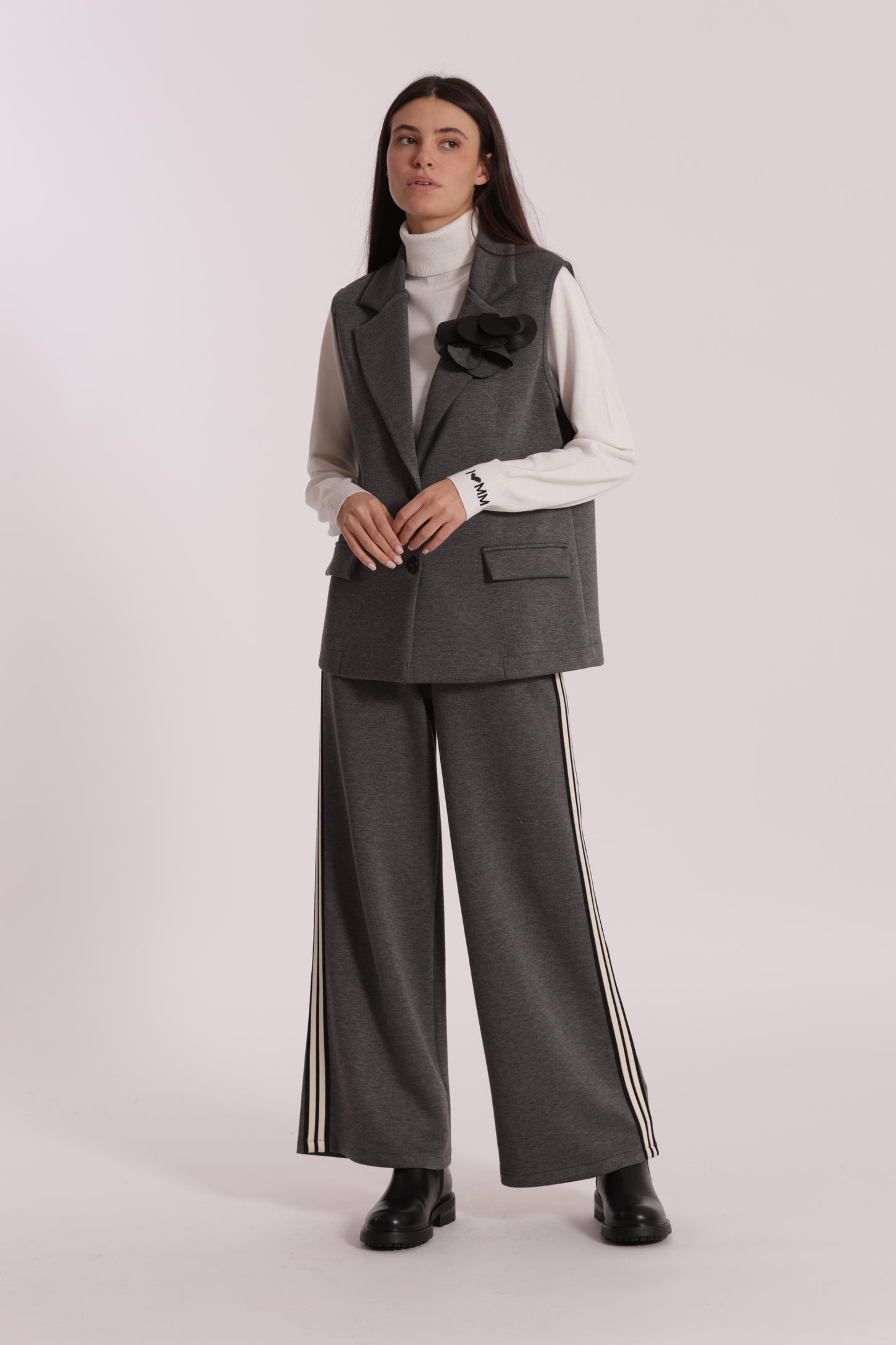 PANTALONE PALAZZO IN NEOPRENE CON PASSAMNERIA