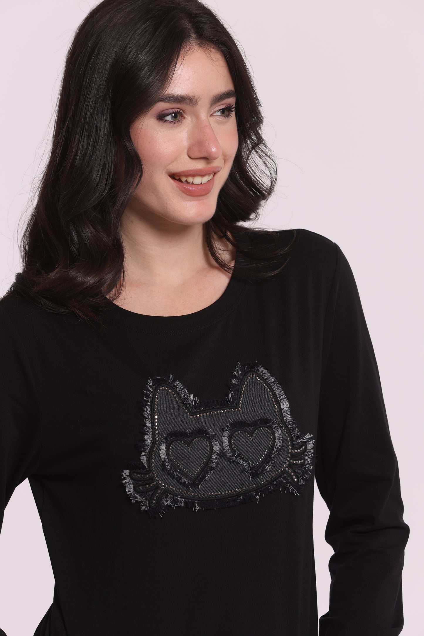T-SHIRT MANICHE LUNGHE CON GATTO EFFETTO DENIM