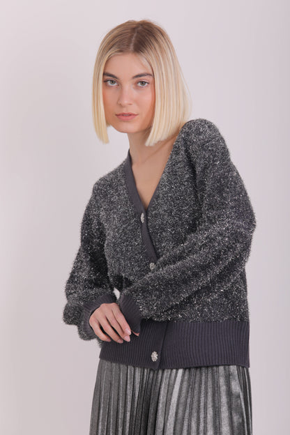 CARDIGAN CORTO EFFETTO LUREX CON BOTTONI GIOIELLO