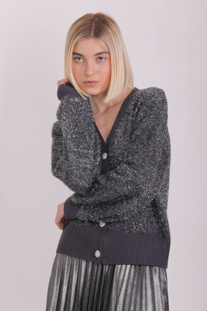 CARDIGAN CORTO EFFETTO LUREX CON BOTTONI GIOIELLO