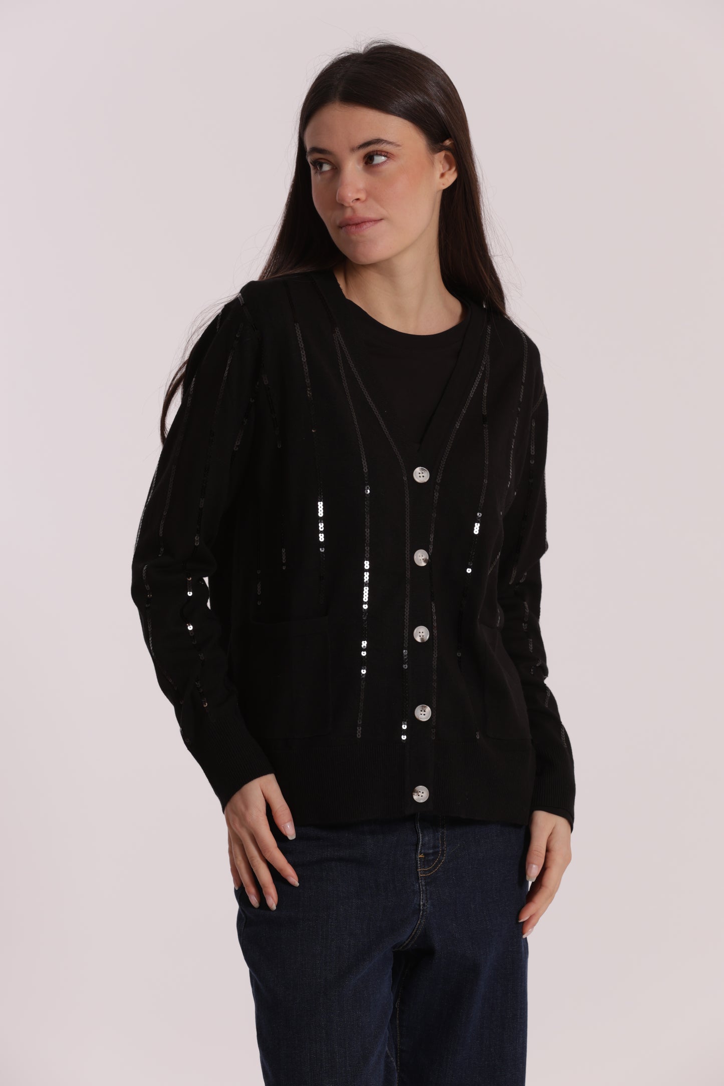 MAGLIA CARDIGAN CON BORDI PAILLETTES