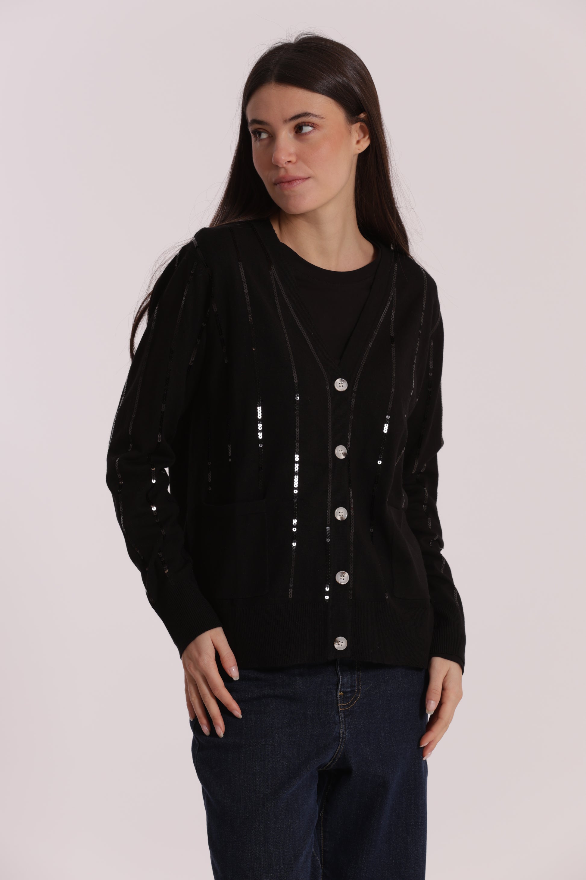 MAGLIA CARDIGAN CON BORDI PAILLETTES