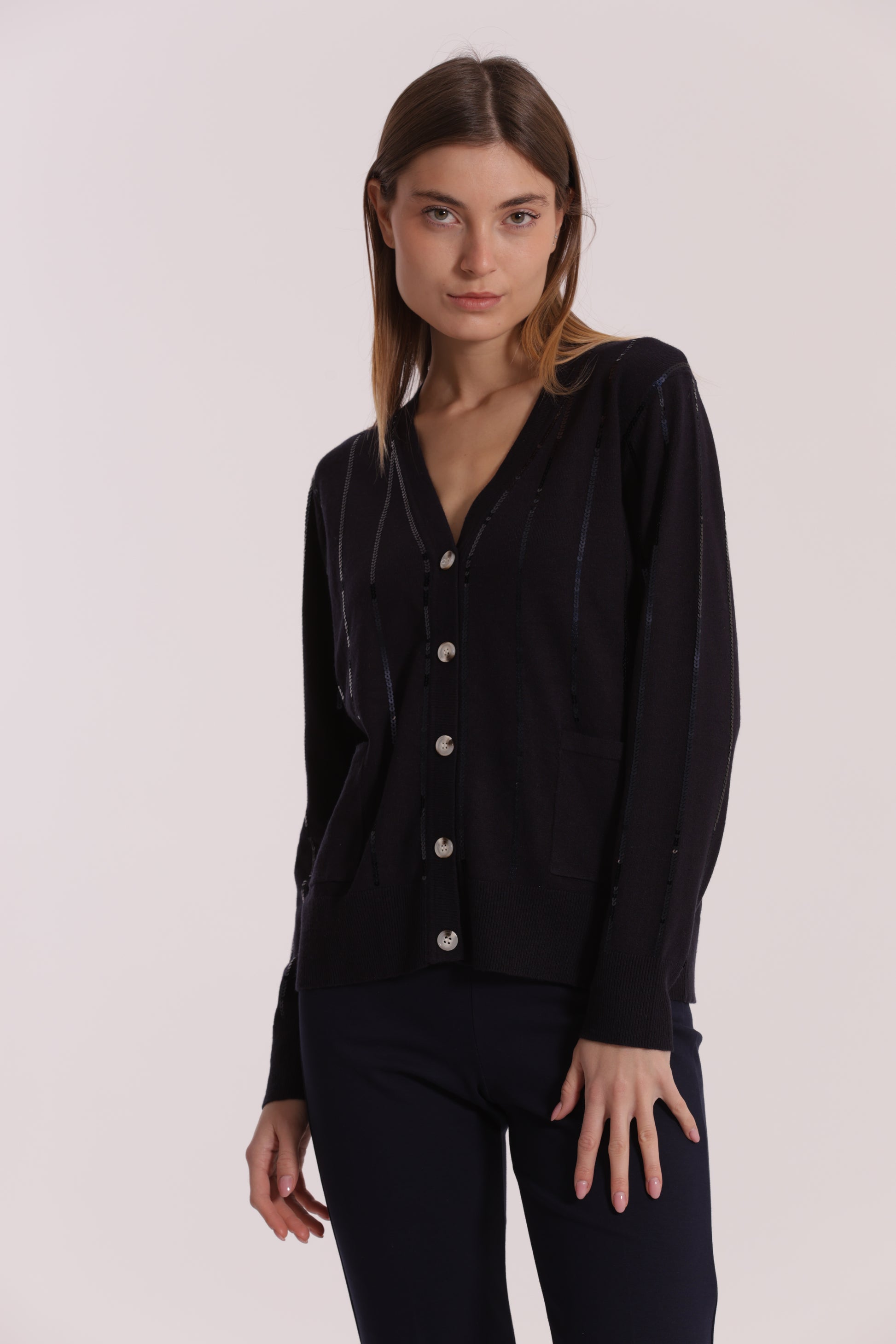 MAGLIA CARDIGAN CON BORDI PAILLETTES