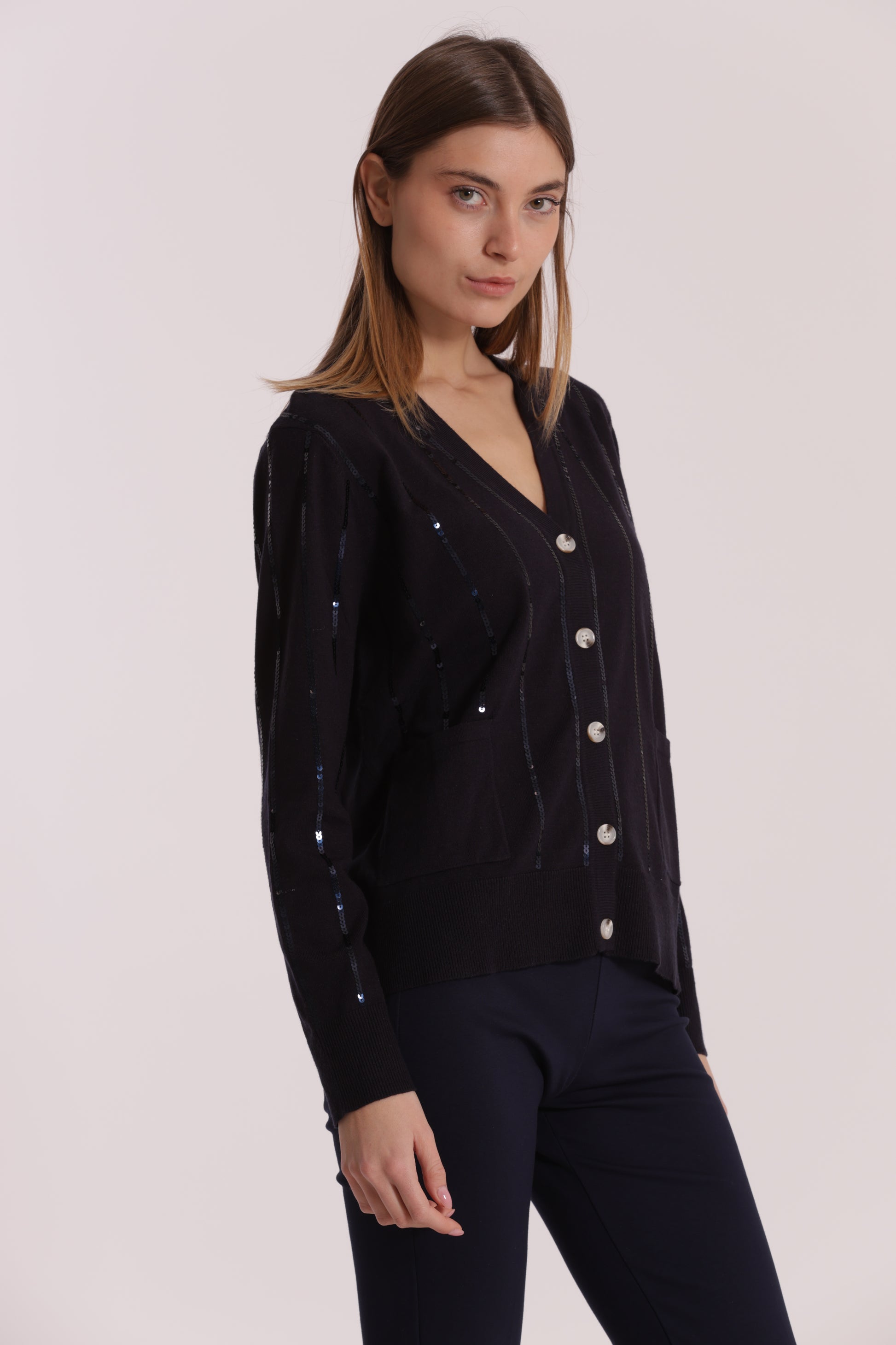 MAGLIA CARDIGAN CON BORDI PAILLETTES