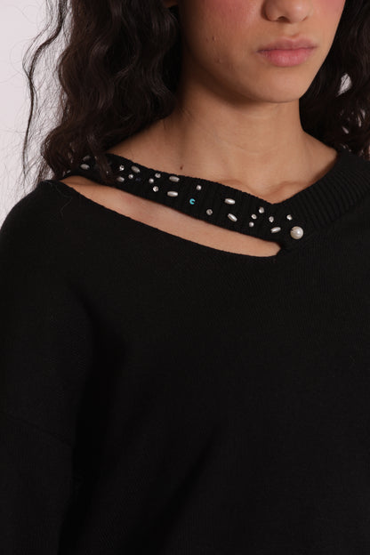 MAGLIA SCOLLO V CUT OUT CON STRASS