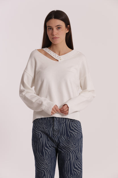 MAGLIA SCOLLO V CUT OUT CON STRASS