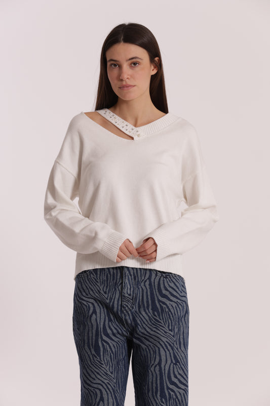 MAGLIA SCOLLO V CUT OUT CON STRASS
