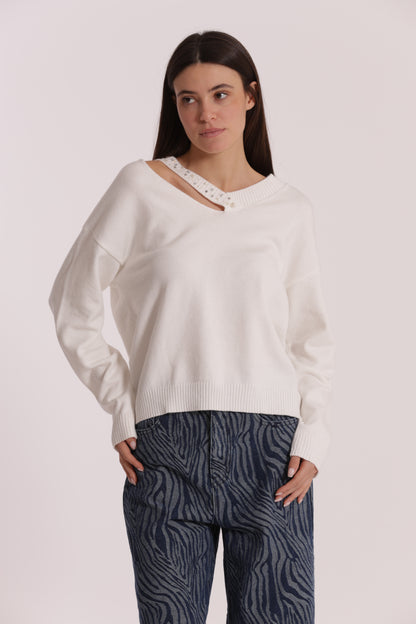 MAGLIA SCOLLO V CUT OUT CON STRASS