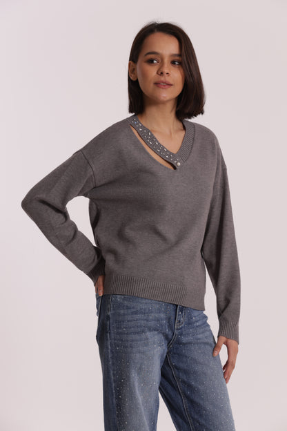 MAGLIA SCOLLO V CUT OUT CON STRASS