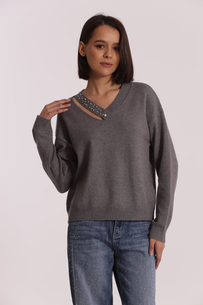 MAGLIA SCOLLO V CUT OUT CON STRASS