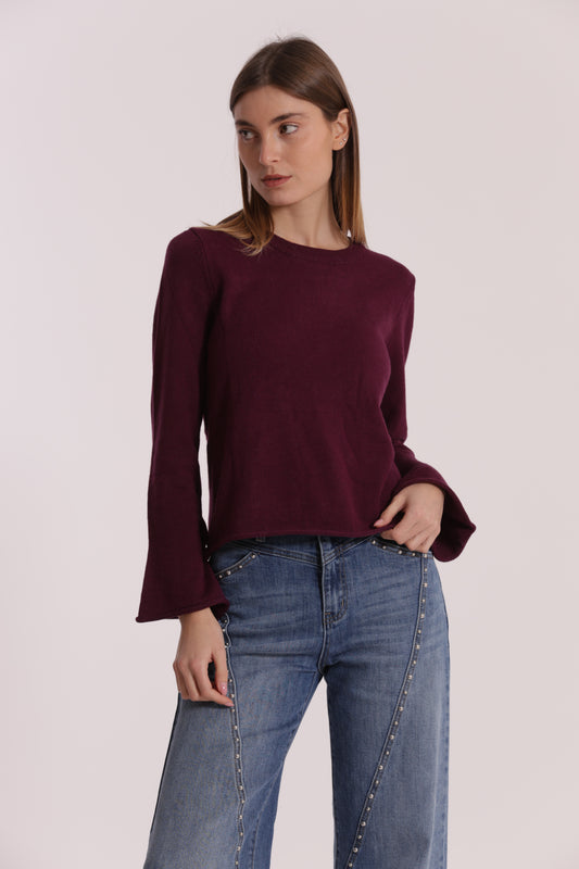 MAGLIA SCOLLO TONDO CON FIOCCHI SULLA MANICA