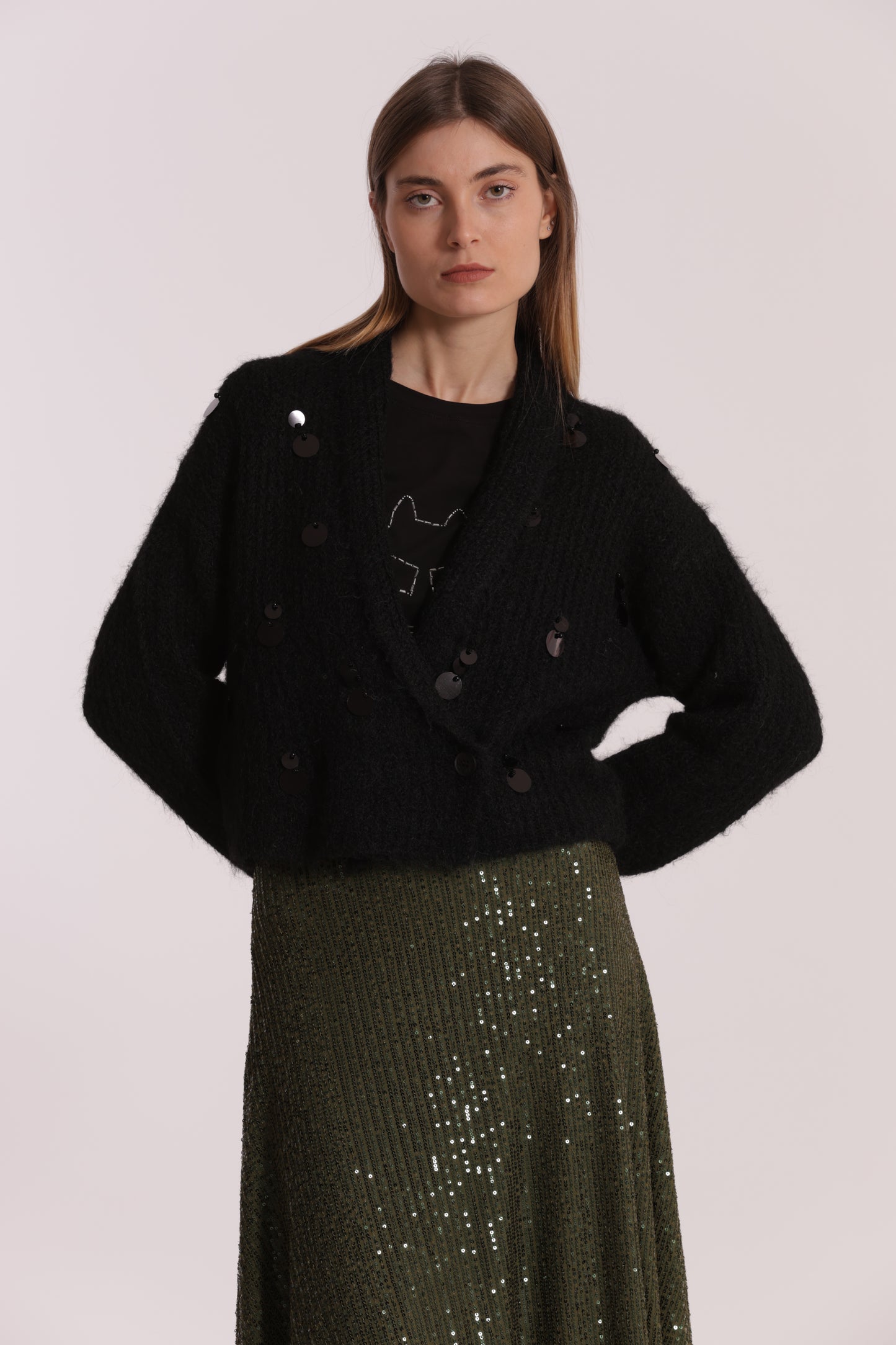 MAGLIA CARDIGAN CON CHIUSURA INCROCIATA E PAILLETTES