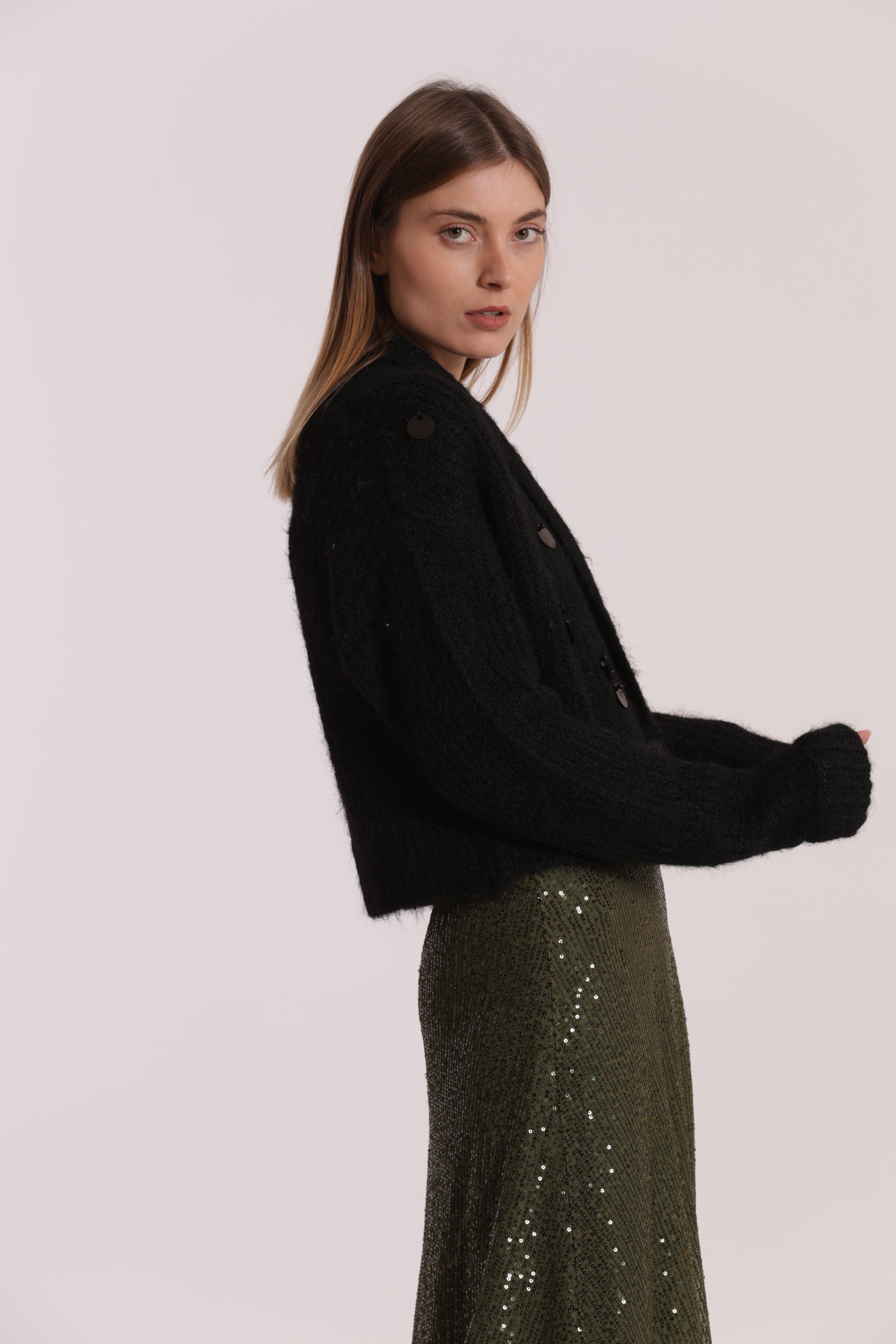 MAGLIA CARDIGAN CON CHIUSURA INCROCIATA E PAILLETTES