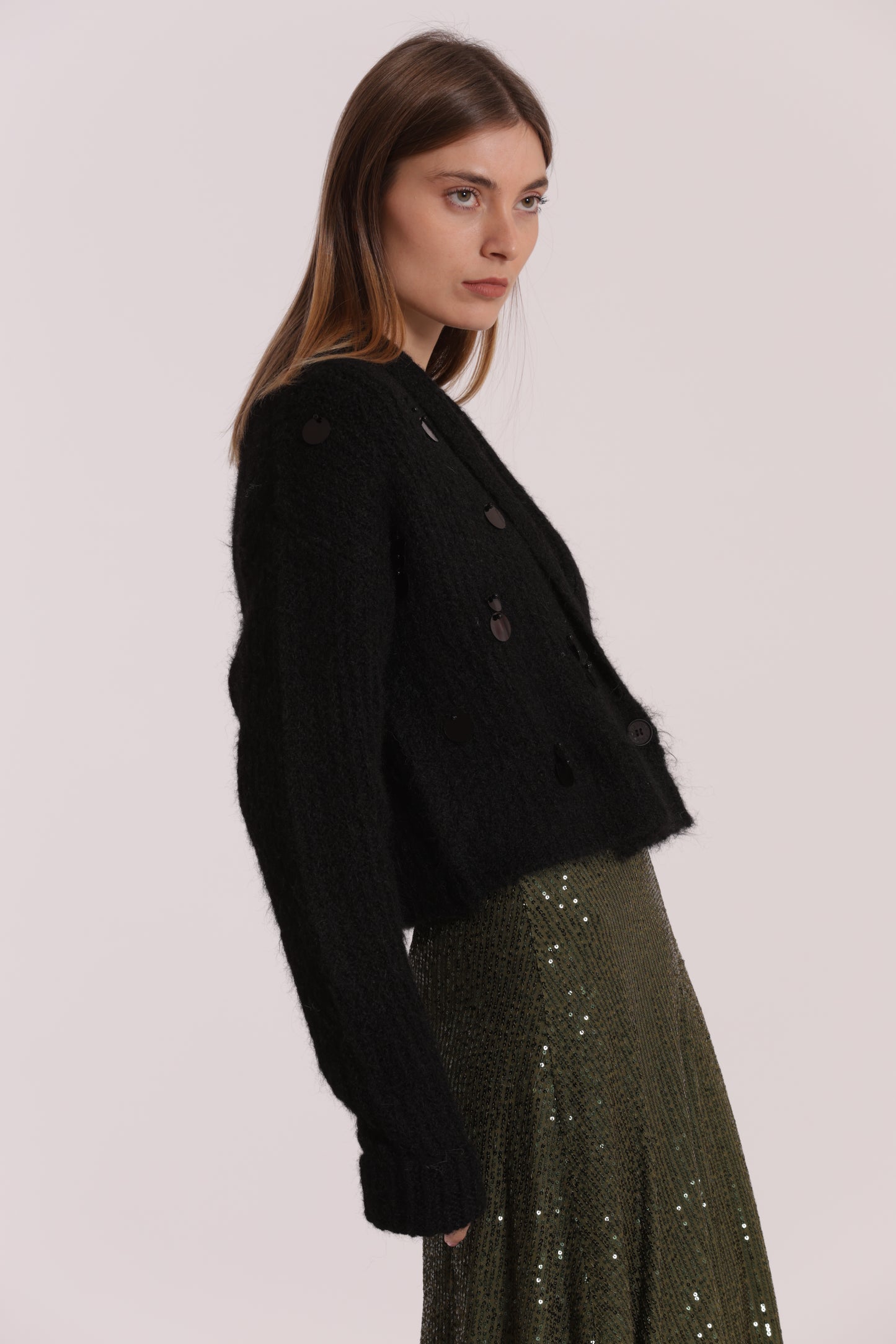 MAGLIA CARDIGAN CON CHIUSURA INCROCIATA E PAILLETTES