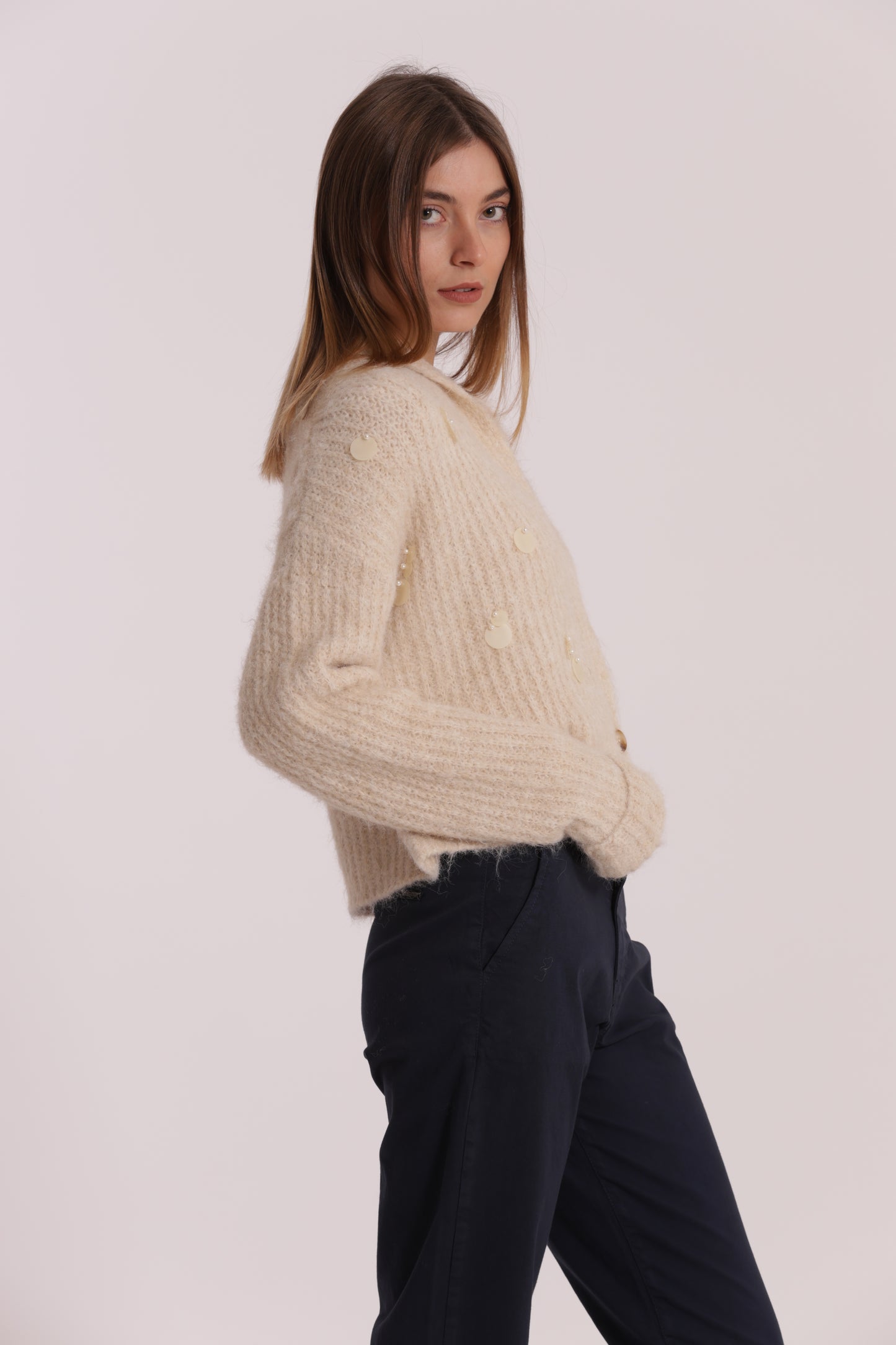 MAGLIA CARDIGAN CON CHIUSURA INCROCIATA E PAILLETTES