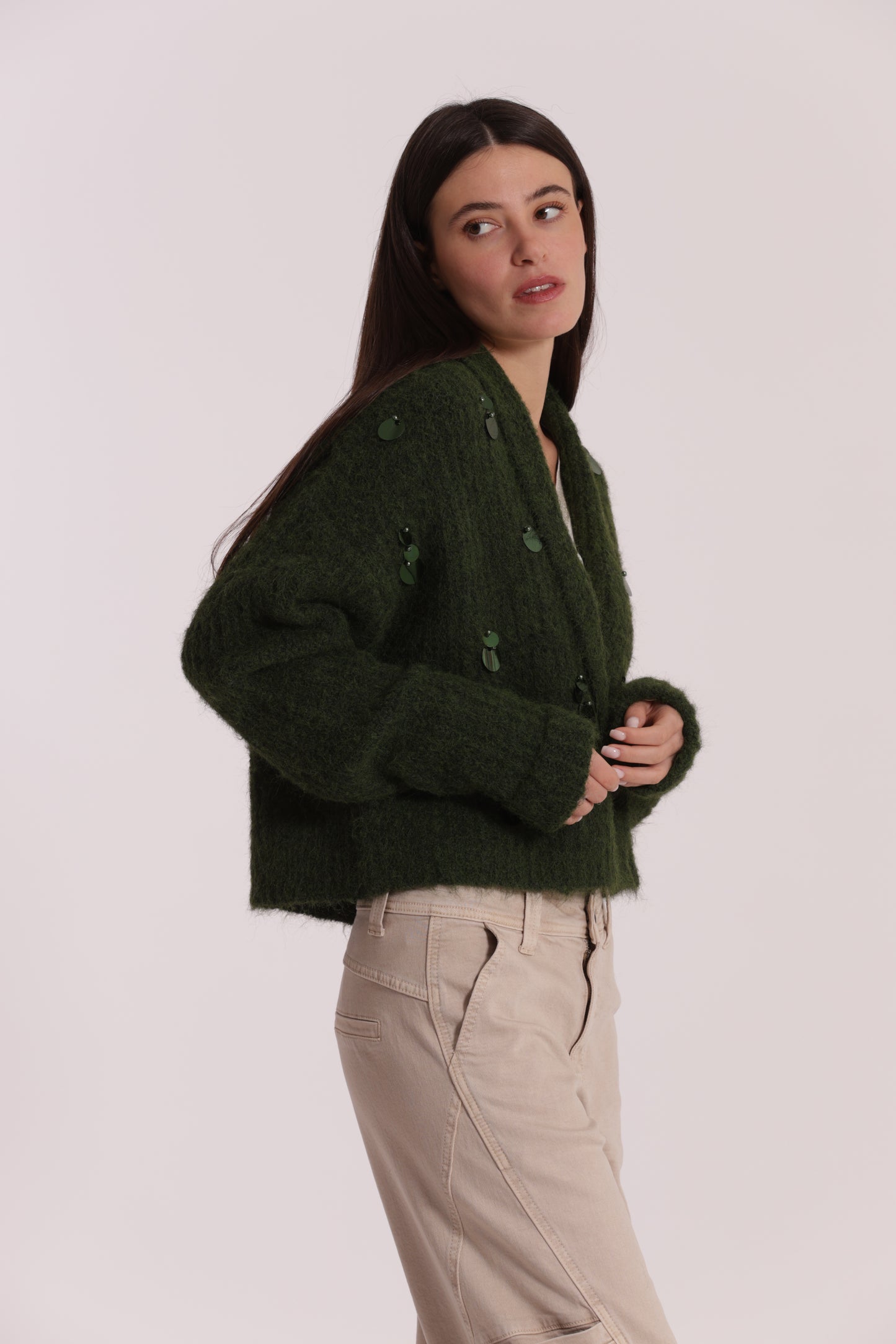 MAGLIA CARDIGAN CON CHIUSURA INCROCIATA E PAILLETTES