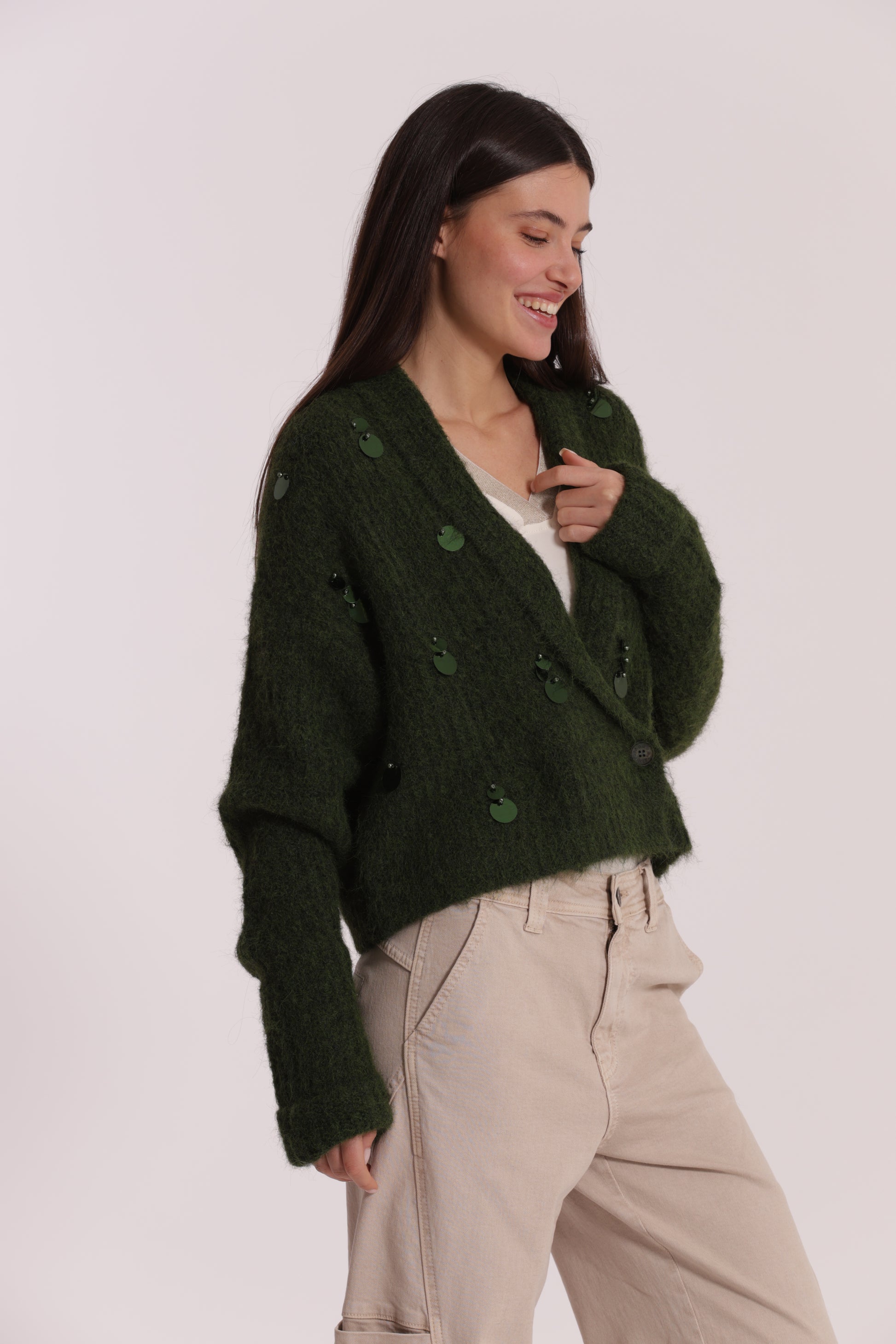 MAGLIA CARDIGAN CON CHIUSURA INCROCIATA E PAILLETTES