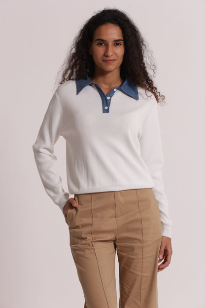 POLO IN MAGLIA CON COLLETTO IN JEANS