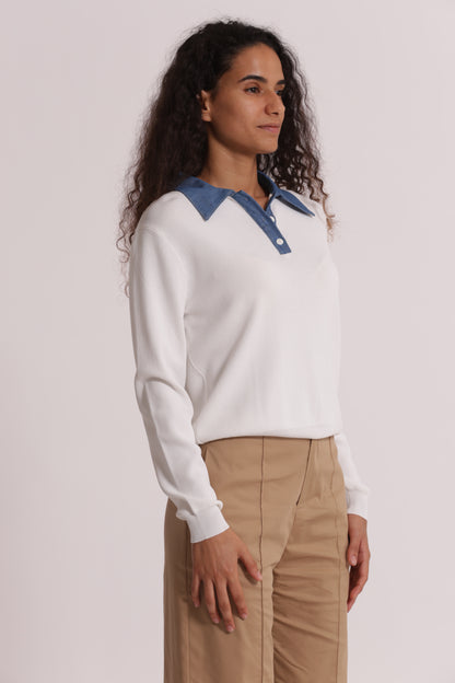 POLO IN MAGLIA CON COLLETTO IN JEANS