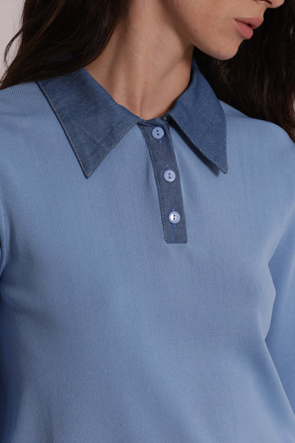 POLO IN MAGLIA CON COLLETTO IN JEANS