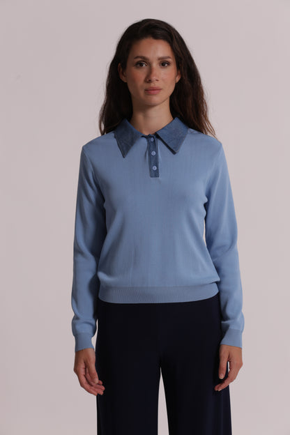 POLO IN MAGLIA CON COLLETTO IN JEANS