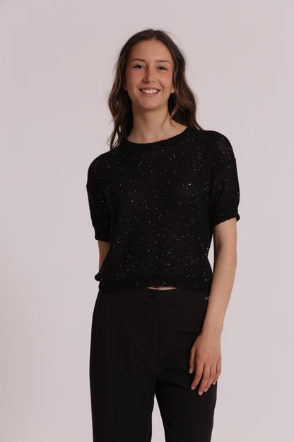 MAGLIA TRASPARENTE CON PAILLETTES A MANICHE CORTE