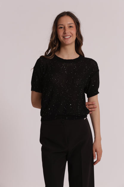 MAGLIA TRASPARENTE CON PAILLETTES A MANICHE CORTE
