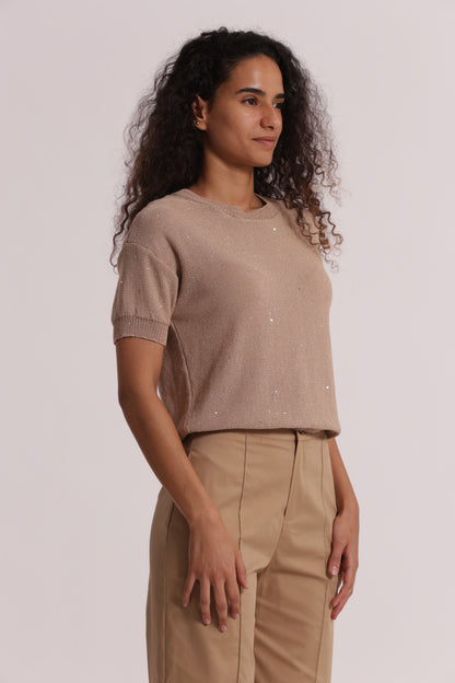 MAGLIA TRASPARENTE CON PAILLETTES A MANICHE CORTE