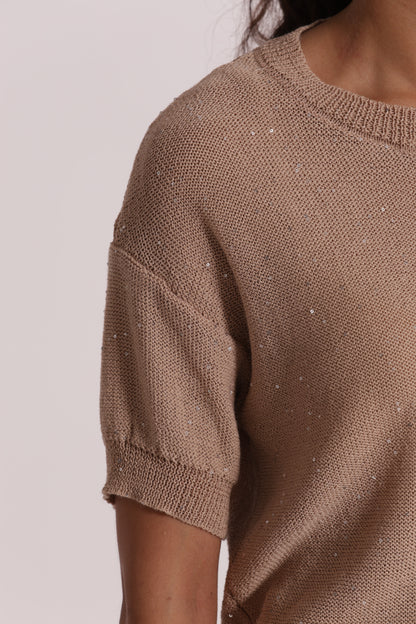 MAGLIA TRASPARENTE CON PAILLETTES A MANICHE CORTE