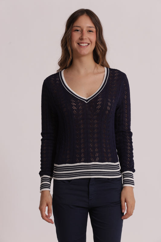 MAGLIA TRAFORATA SCOLLO A V CON DETTAGLIO BICOLOR