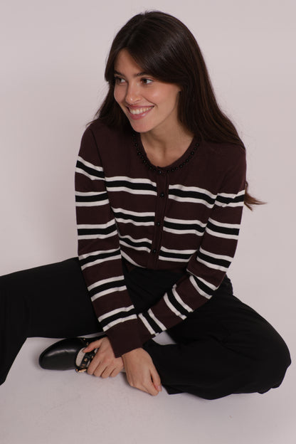 MAGLIA CARDIGAN A RIGHE CON DETTAGLIO PERLE