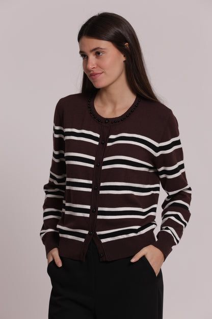 MAGLIA CARDIGAN A RIGHE CON DETTAGLIO PERLE