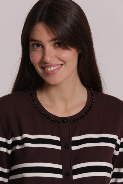 MAGLIA CARDIGAN A RIGHE CON DETTAGLIO PERLE