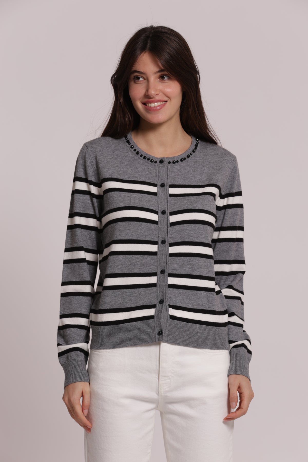 MAGLIA CARDIGAN A RIGHE CON DETTAGLIO PERLE