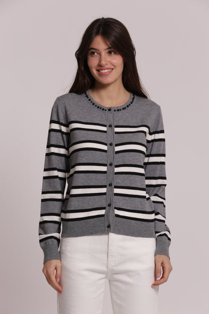MAGLIA CARDIGAN A RIGHE CON DETTAGLIO PERLE