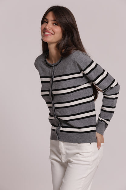 MAGLIA CARDIGAN A RIGHE CON DETTAGLIO PERLE