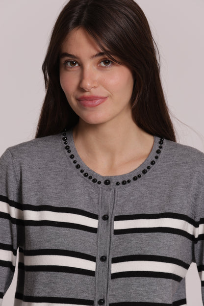 MAGLIA CARDIGAN A RIGHE CON DETTAGLIO PERLE